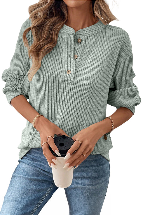 Ribbed Button Placket Banded Collar Drop Shoulder Henley Top